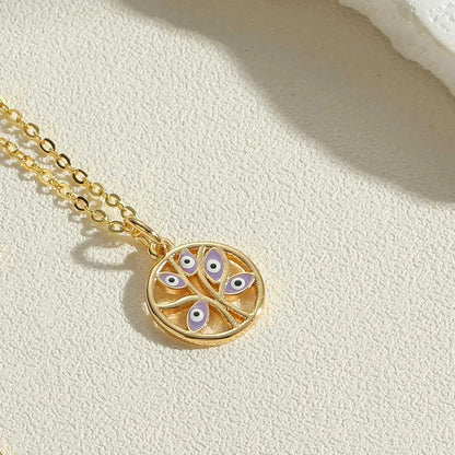 Simple Style Devil'S Eye Tree Copper Enamel Plating Inlay Zircon 14k Gold Plated Pendant Necklace