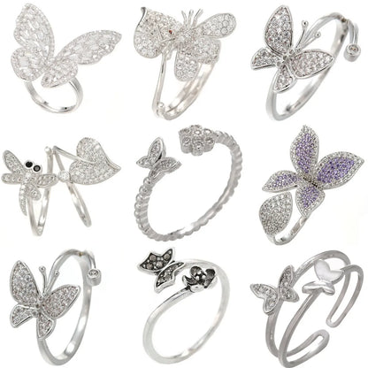 Simple Style Dragonfly Butterfly Sterling Silver Inlay Zircon Rings