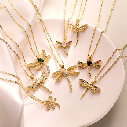 Simple Style Dragonfly Copper Plating Inlay Zircon Gold Plated Pendant Necklace