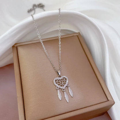 Simple Style Dreamcatcher Feather Titanium Steel Copper Plating Inlay Zircon Pendant Necklace