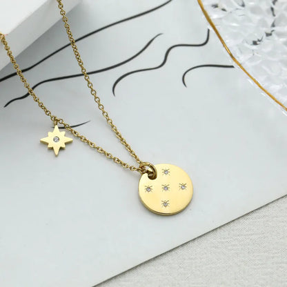 304 Stainless Steel 18K Gold Plated Simple Style Plating Inlay Eight Awn Star Rhinestones Pendant Necklace