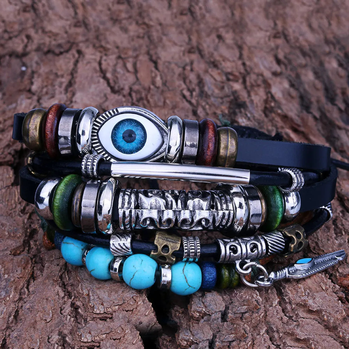 Simple Style Eye Pu Leather Alloy Natural Stone Beaded Layered Unisex Bracelets 1 Piece