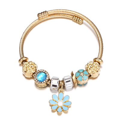 Simple Style Flower Alloy Titanium Steel Copper Enamel Artificial Gemstones Women's Bangle