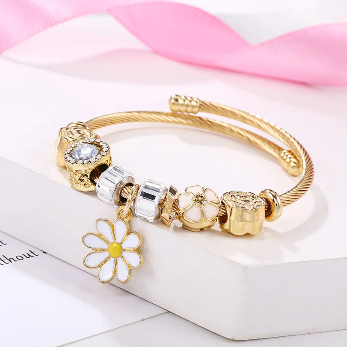 Simple Style Flower Alloy Titanium Steel Copper Enamel Artificial Gemstones Women's Bangle