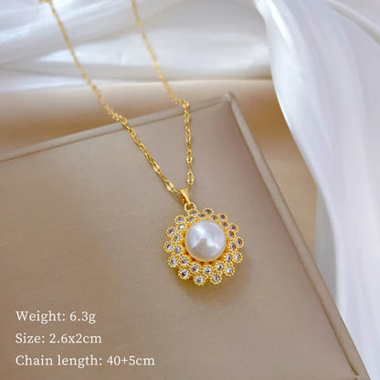 Simple Style Flower Artificial Gemstones Artificial Pearl Titanium Steel Inlay Artificial Gemstones Artificial Pearls Pendant Necklace