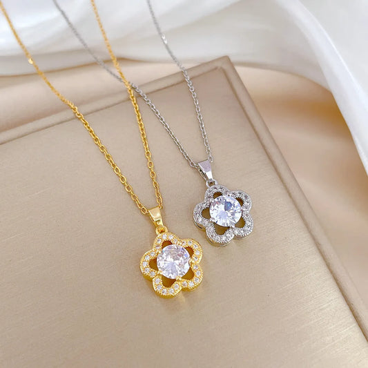 Simple Style Flower Stainless Steel Copper Inlay Zircon Pendant Necklace