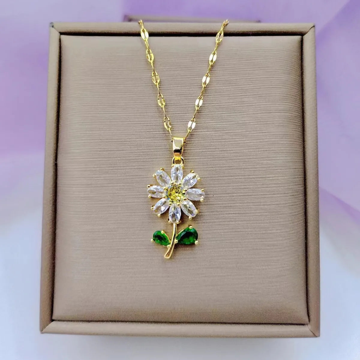 Simple Style Flower Stainless Steel Plating Inlay Rhinestones 18k Gold Plated Gold Plated Pendant Necklace