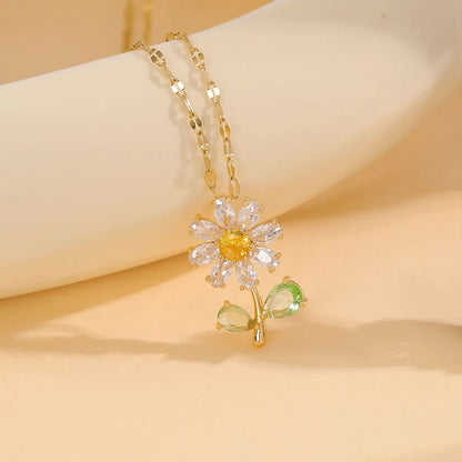 Simple Style Flower Stainless Steel Plating Inlay Rhinestones 18k Gold Plated Gold Plated Pendant Necklace