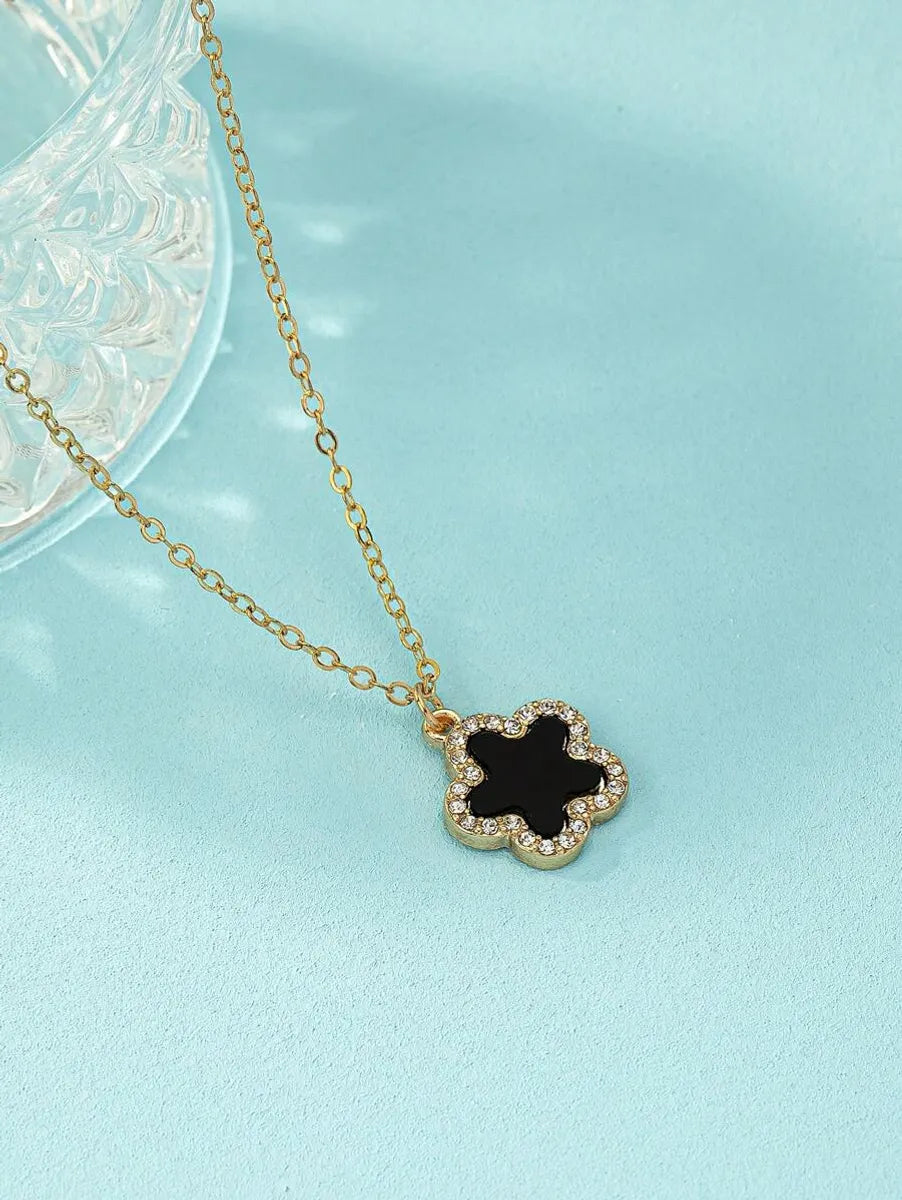 Simple Style Flower Stainless Steel Plating Inlay Rhinestones Pendant Necklace