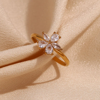 Simple Style Flower Stainless Steel Plating Zircon 18k Gold Plated Open Rings