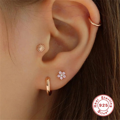 Simple Style Flower Sterling Silver Plating Inlay Zircon Ear Studs 3 Pieces