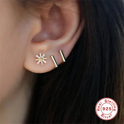 Simple Style Flower Sterling Silver Plating Inlay Zircon Ear Studs 3 Pieces