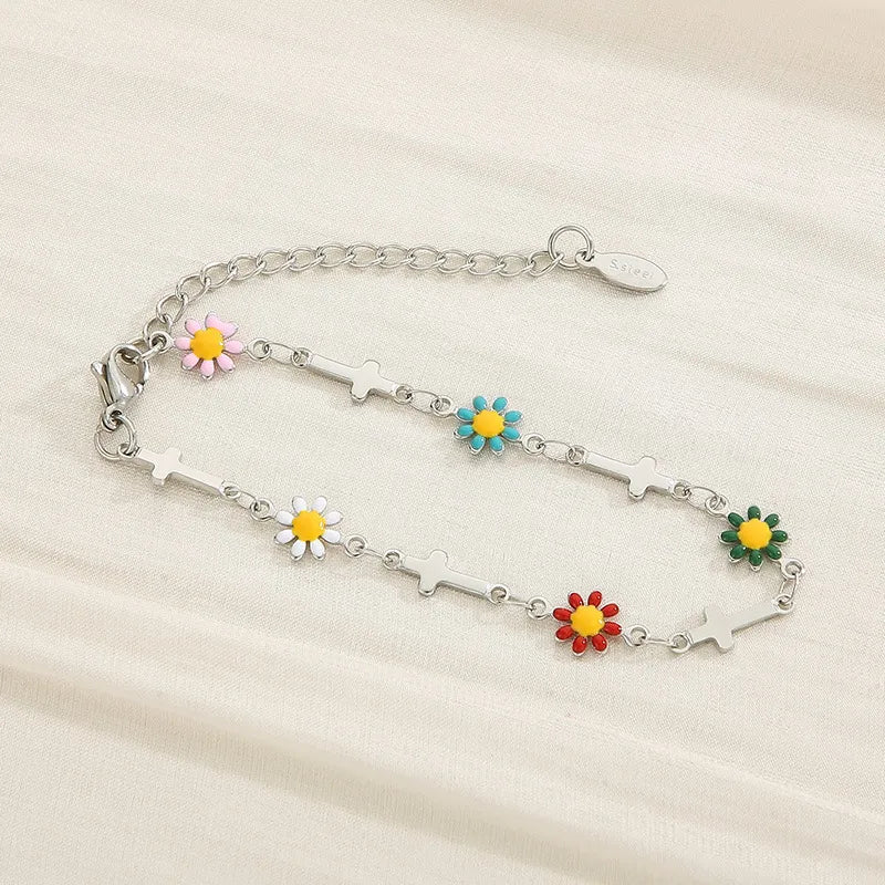 Wholesale Jewelry Simple Style Flower Titanium Steel 18K Gold Plated Enamel Bracelets Necklace