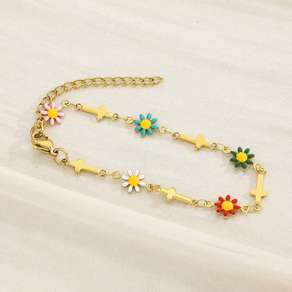 Wholesale Jewelry Simple Style Flower Titanium Steel 18K Gold Plated Enamel Bracelets Necklace