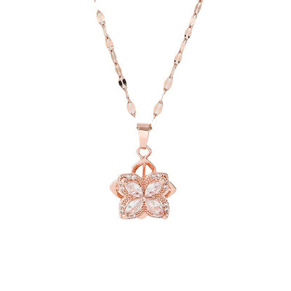 Simple Style Flower Titanium Steel Inlaid Zircon Pendant Necklace