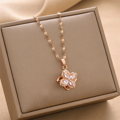 Simple Style Flower Titanium Steel Inlaid Zircon Pendant Necklace