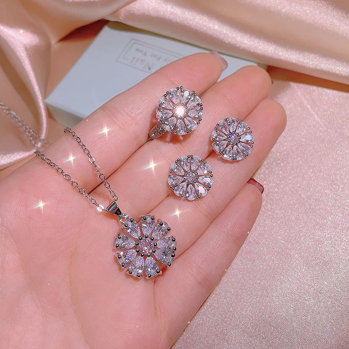 Titanium Steel Simple Style Inlay Flower Zircon Rings Earrings Necklace