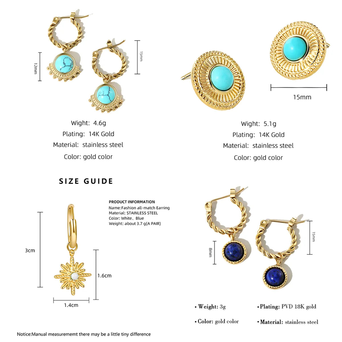 1 Pair Simple Style Flower Plating Inlay 304 Stainless Steel Turquoise 18K Gold Plated Drop Earrings