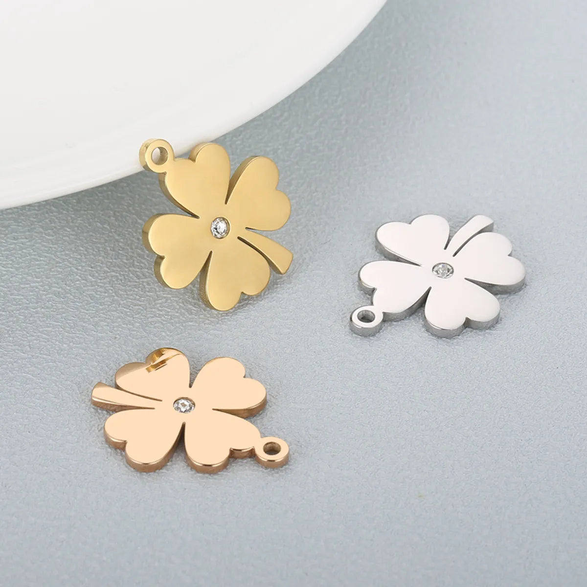 1 Piece Stainless Steel Rhinestones 18K Gold Plated Four Leaf Clover