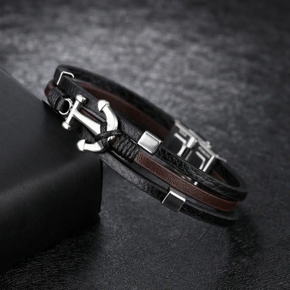 Simple Style Geometric 304 Stainless Steel Pu Leather Plating Men'S Bracelets