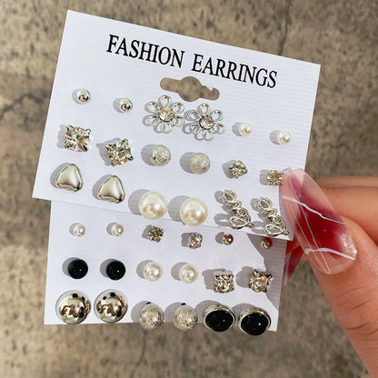 Simple Style Geometric Alloy Inlay Artificial Pearls Rhinestones Unisex Earrings 9 Pairs