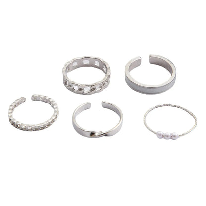 Simple Style Geometric Alloy Plating Artificial Pearls Open Ring 5 Pieces