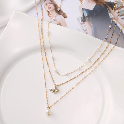 Simple Style Geometric Alloy Plating Inlay Rhinestones Gold Plated Women'S Layered Necklaces