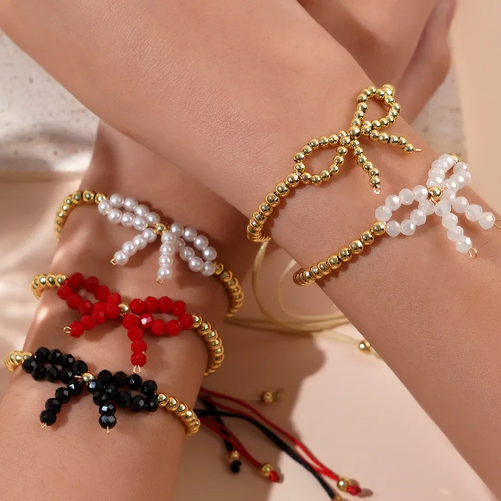 Simple Style Geometric Bow Knot Imitation Pearl Rope Copper Wholesale Drawstring Bracelets