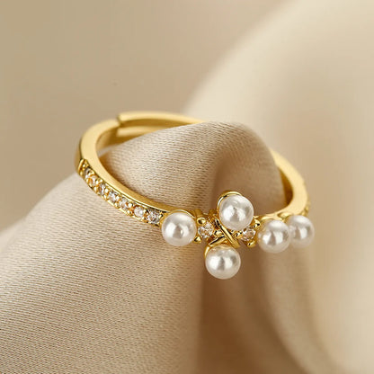 Simple Style Geometric Copper 18k Gold Plated Artificial Pearls Zircon Open Ring In Bulk