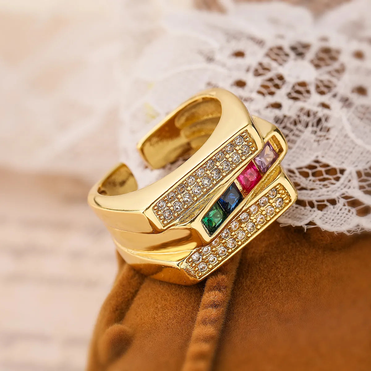 Simple Style Geometric Copper Plating Inlay Zircon 18k Gold Plated Open Rings