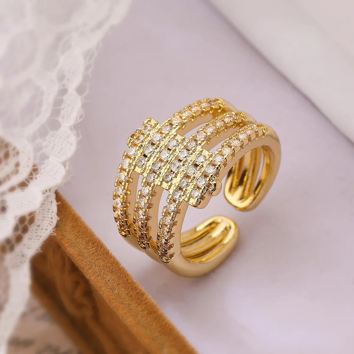 Simple Style Geometric Copper Plating Inlay Zircon 18k Gold Plated Open Rings