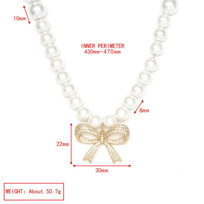 Simple Style Geometric Heart Shape Bow Knot Zircon Imitation Pearl Copper Wholesale Necklace