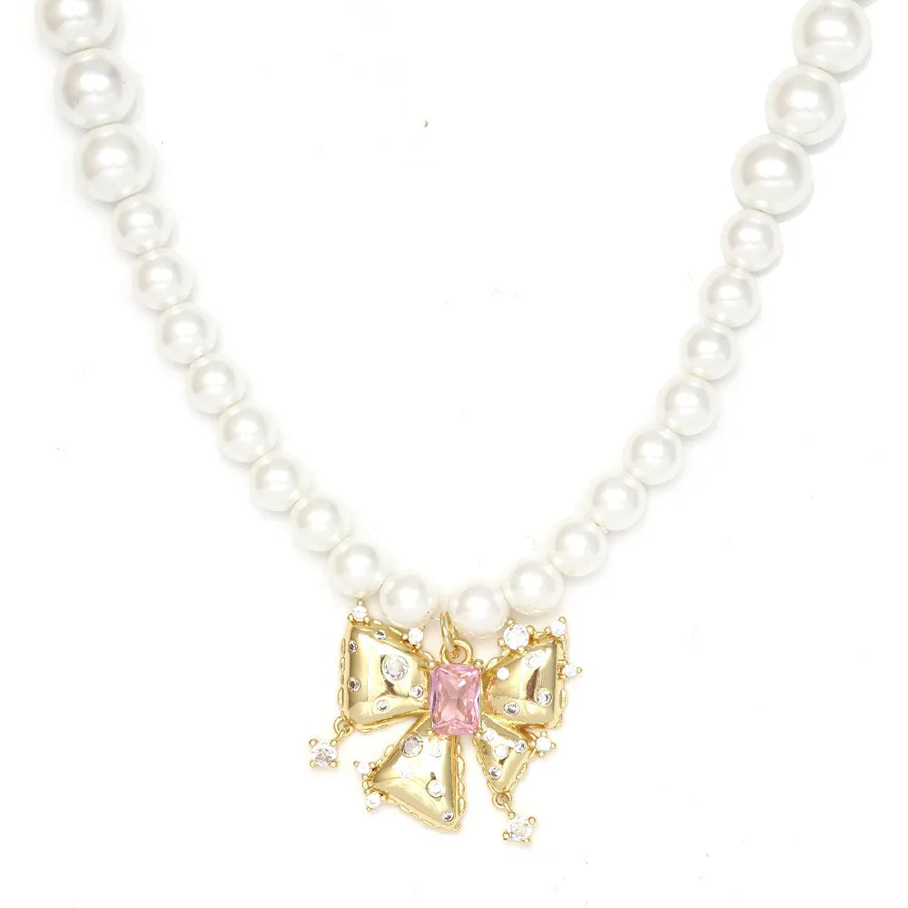 Simple Style Geometric Heart Shape Bow Knot Zircon Imitation Pearl Copper Wholesale Necklace