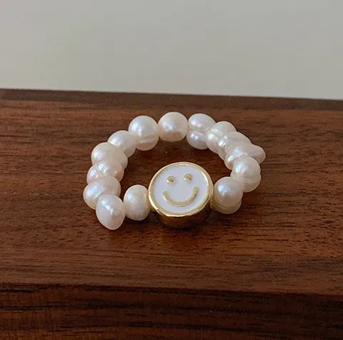 Simple Style Geometric Smile Face Artificial Pearl Elastic String Mixed Materials Beaded Plating Women'S Adjustable Ring