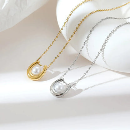 Simple Style Geometric Stainless Steel Inlay Pearl White Gold Plated Gold Plated Pendant Necklace