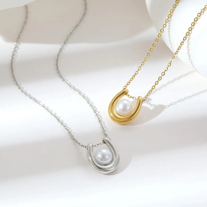 Simple Style Geometric Stainless Steel Inlay Pearl White Gold Plated Gold Plated Pendant Necklace