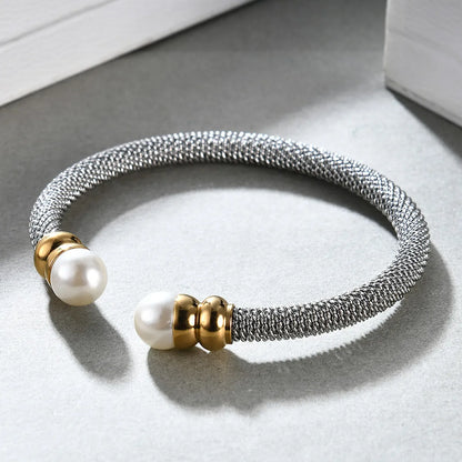 Simple Style Geometric Stainless Steel Artificial Pearls Twisted Cable Bracele Bangle In Bulk