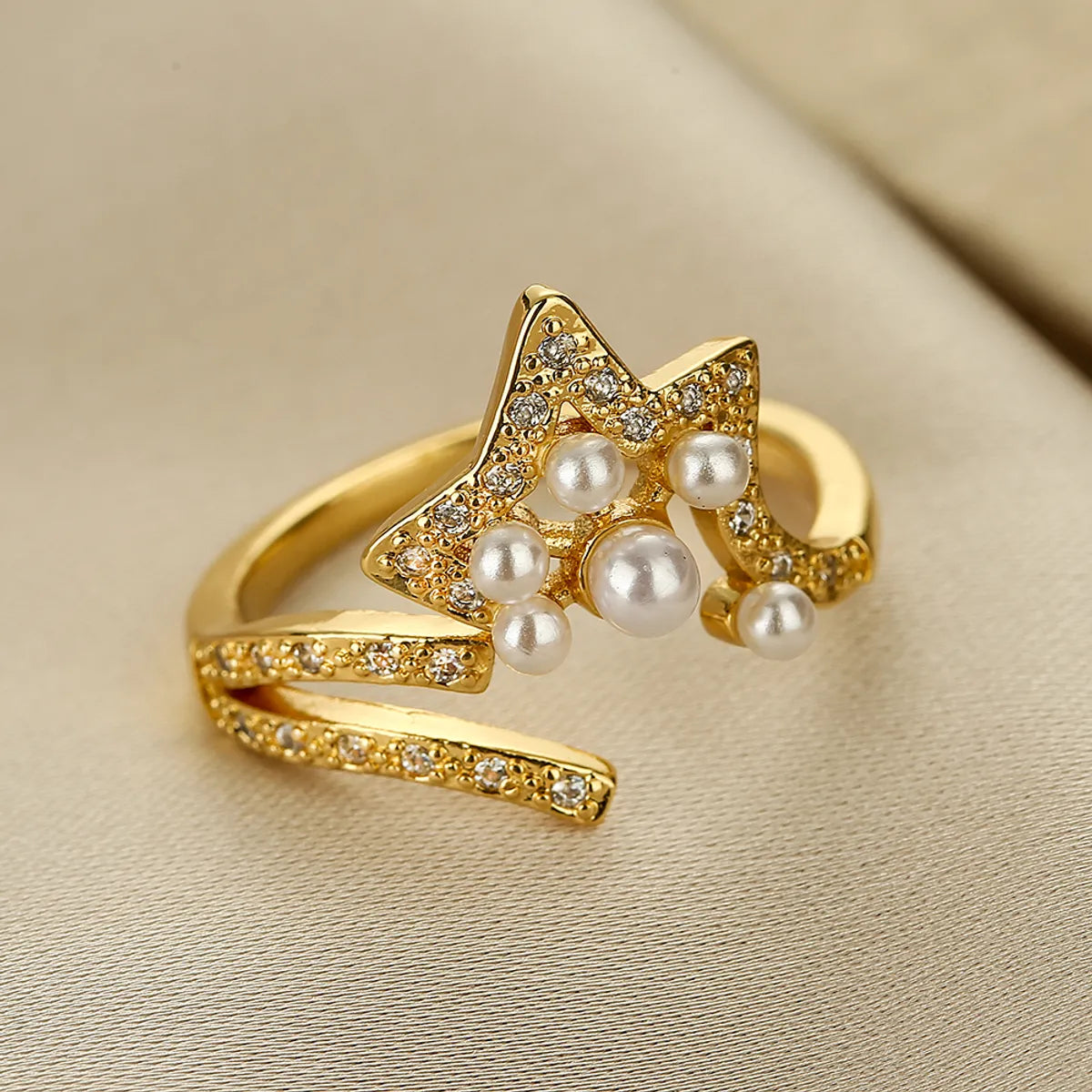 Simple Style Geometric Star Copper Plating Inlay Artificial Pearls Zircon 18k Gold Plated Open Ring