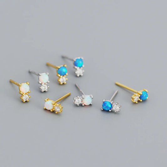 Simple Style Geometric Sterling Silver Ear Studs Plating Metal Rhinestone Opal 925 Silver Earrings