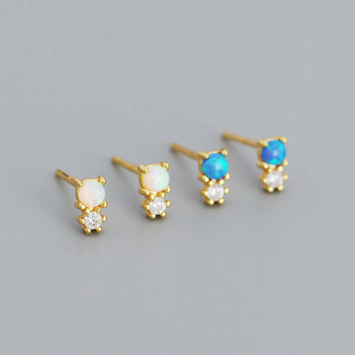 Simple Style Geometric Sterling Silver Ear Studs Plating Metal Rhinestone Opal 925 Silver Earrings