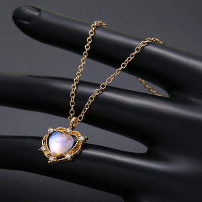 Simple Style Heart Shape Alloy Inlay Opal Women's Pendant Necklace