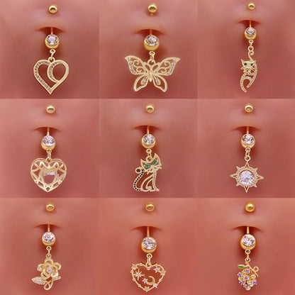 Simple Style Heart Shape Cat Butterfly Stainless Steel Sequin Copper White Gold Plated Gold Plated Rhinestones Zircon Belly Ring In Bulk