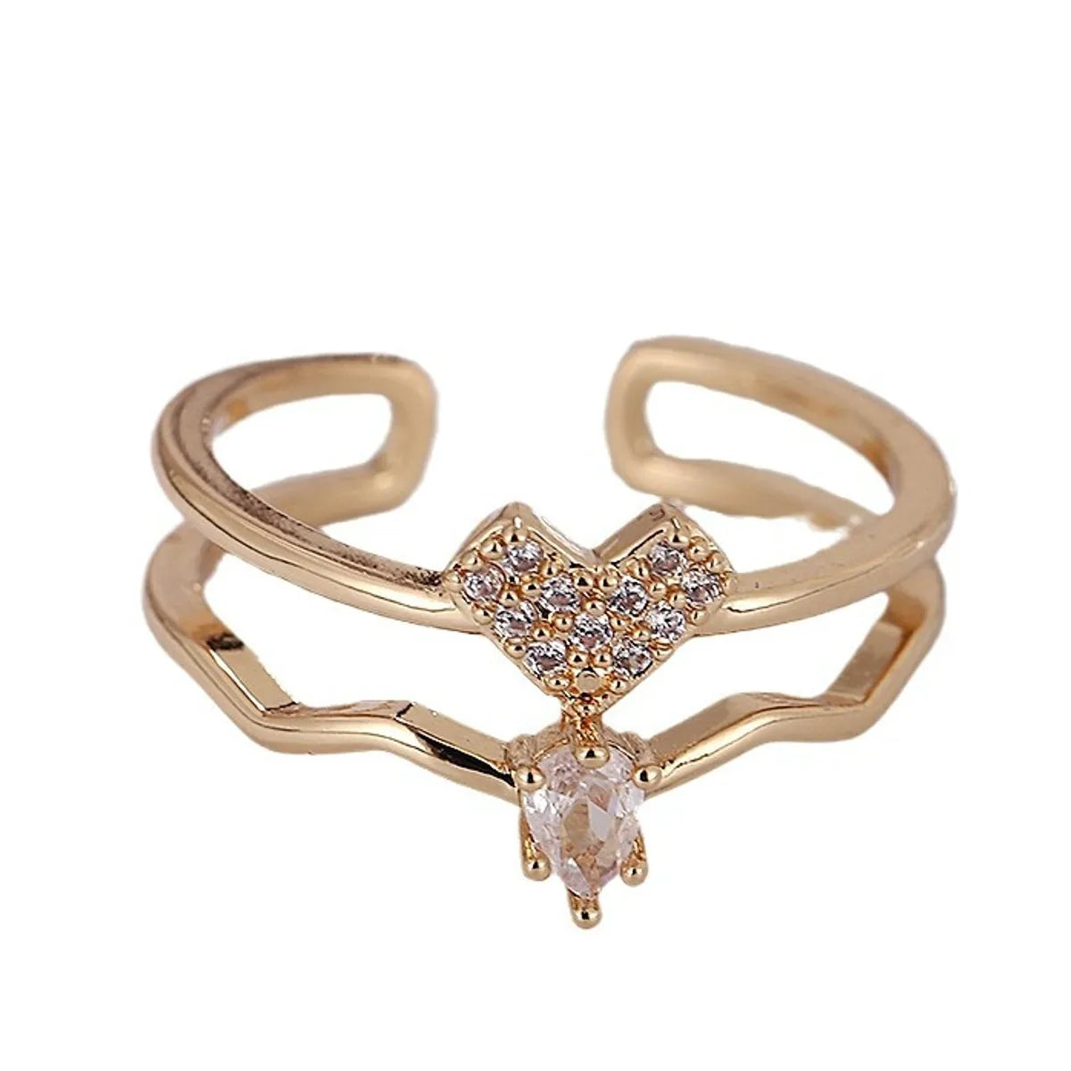 Simple Style Heart Shape Copper 18k Gold Plated Silver Plated Zircon Adjustable Ring In Bulk