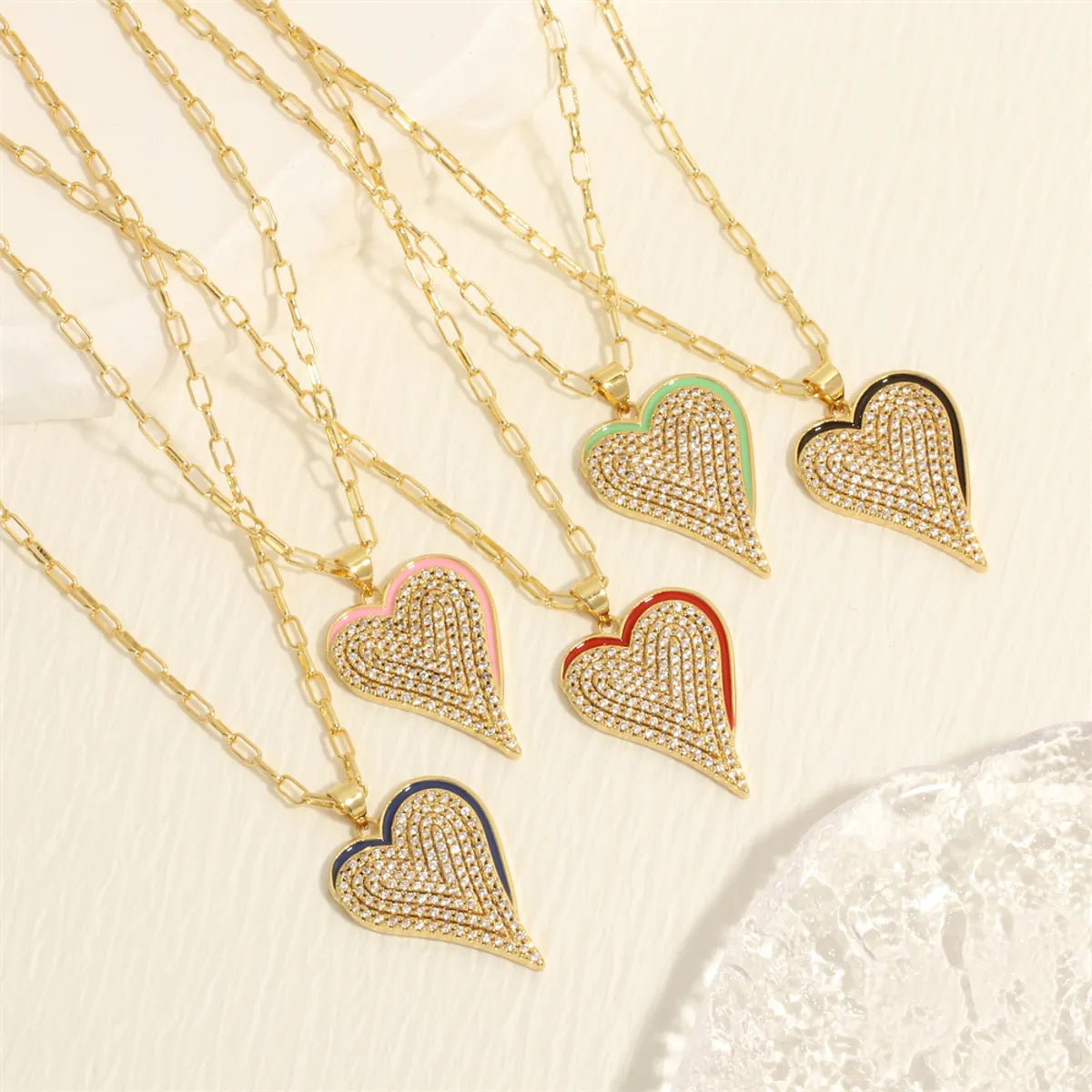 Simple Style Heart Shape Copper Enamel Inlay Zircon 18k Gold Plated Pendant Necklace