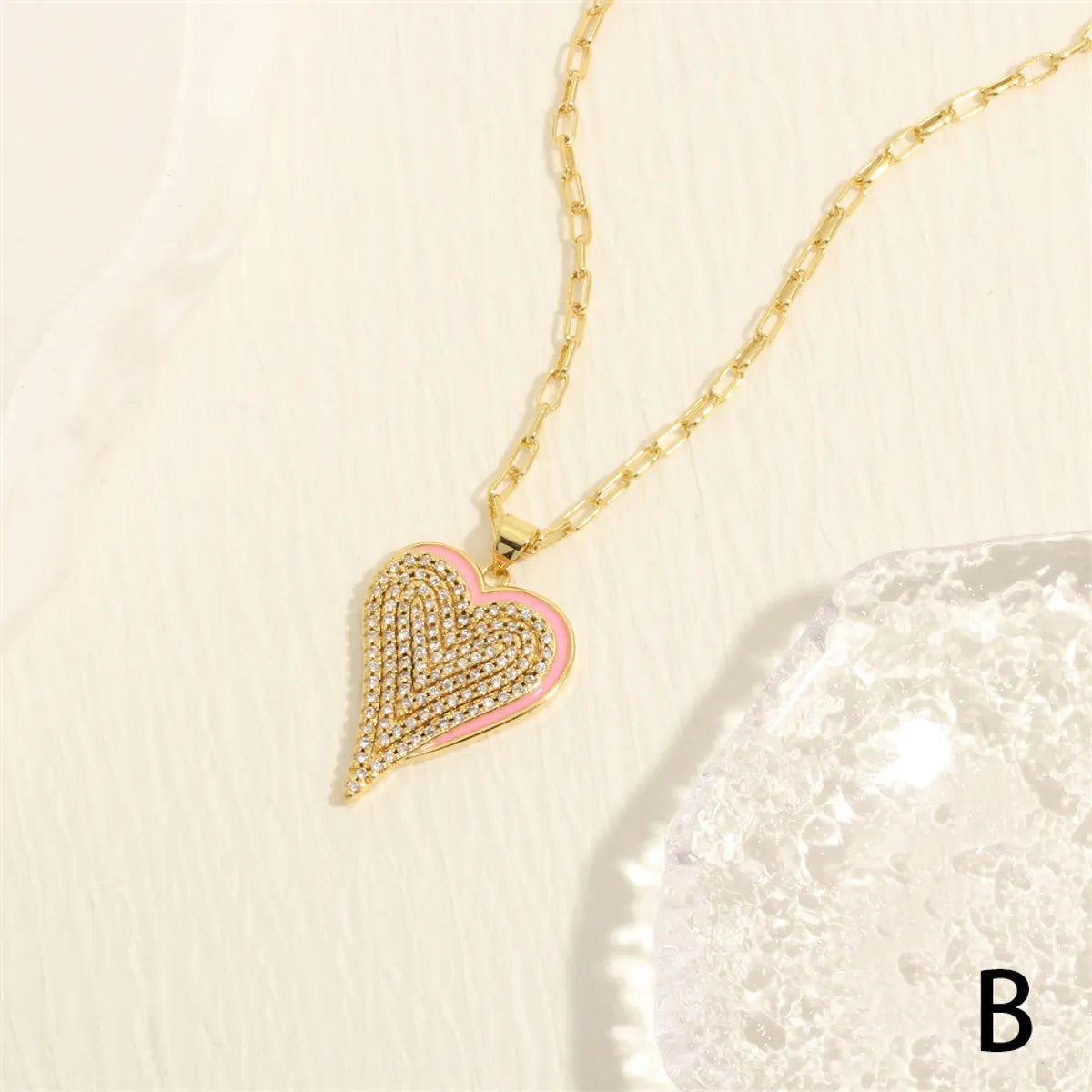 Simple Style Heart Shape Copper Enamel Inlay Zircon 18k Gold Plated Pendant Necklace