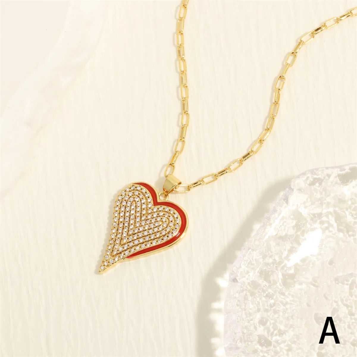 Simple Style Heart Shape Copper Enamel Inlay Zircon 18k Gold Plated Pendant Necklace