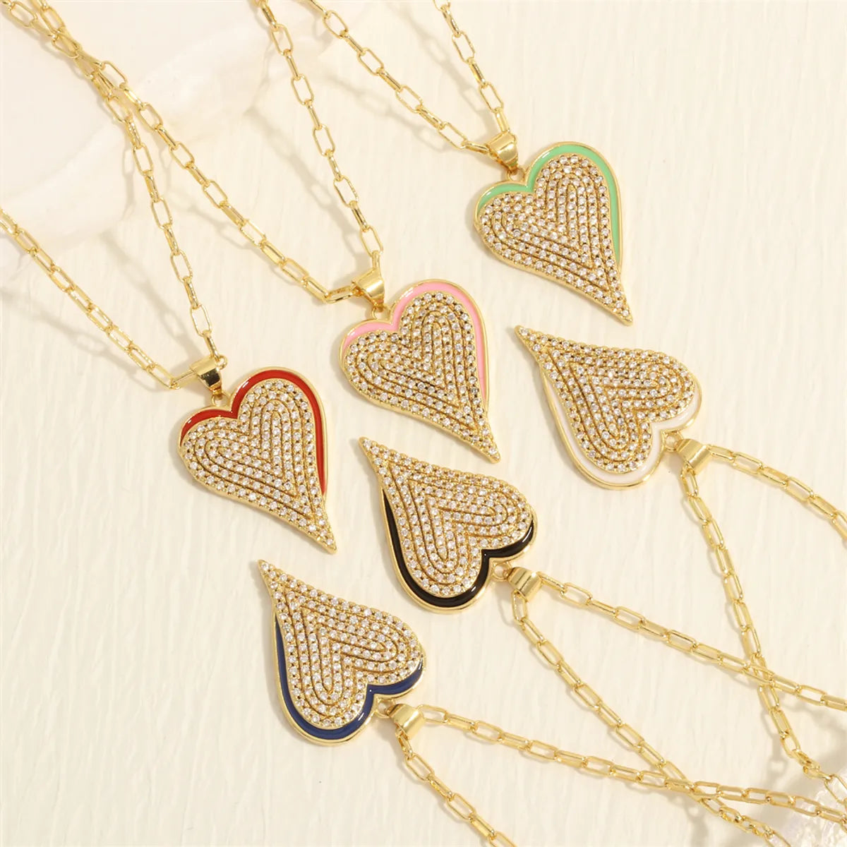 Simple Style Heart Shape Copper Enamel Inlay Zircon 18k Gold Plated Pendant Necklace