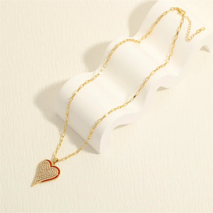 Simple Style Heart Shape Copper Enamel Inlay Zircon 18k Gold Plated Pendant Necklace