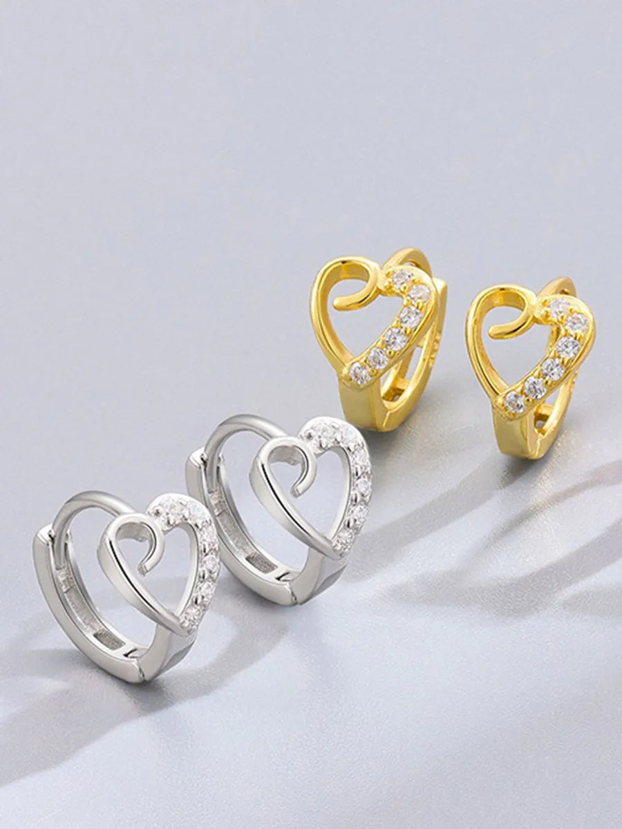 Simple Style Heart Shape Copper Inlay Artificial Diamond Hoop Earrings 1 Pair