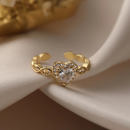 Simple Style Heart Shape Copper 18k Gold Plated Zircon Open Rings In Bulk